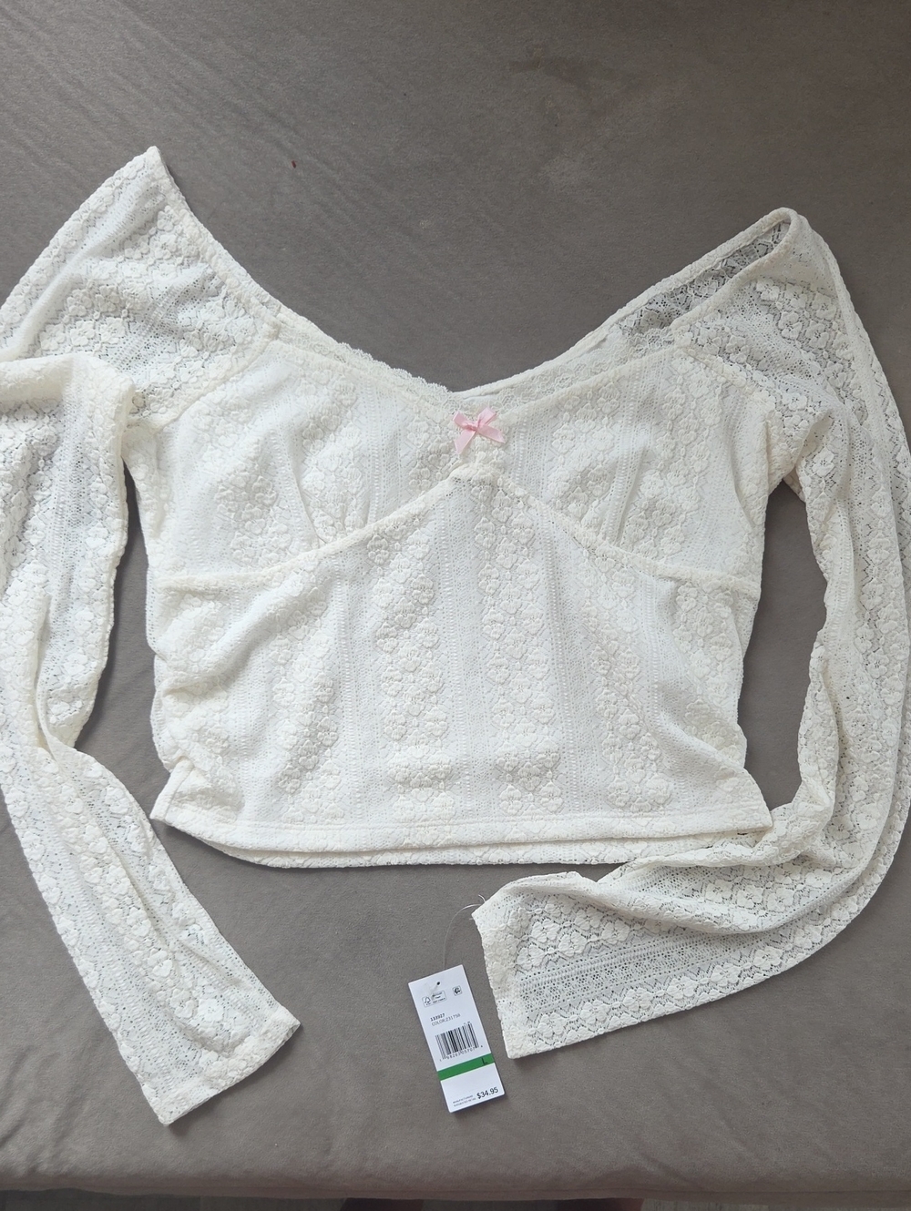 Aeropostale White Lace Off-Shoulder Crop Top with Pink Bow